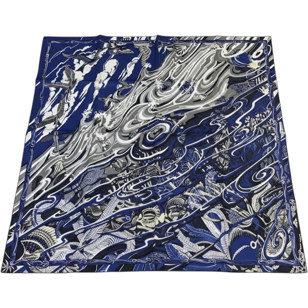Hermes Silk Scarf 35x33 Blue De la Mer au Ciel Flying Fish Vintage